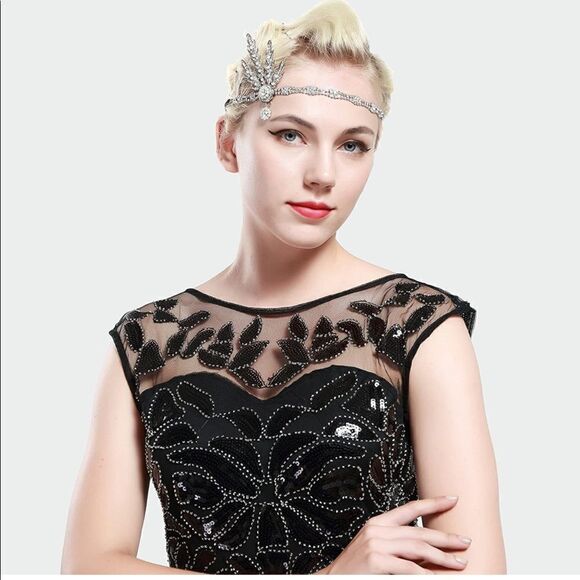 ✨ NWT Art Deco 1920’s Gatsby Flapper Crystal Rhinestone & Pearl, Silver … - Picture 3 of 6